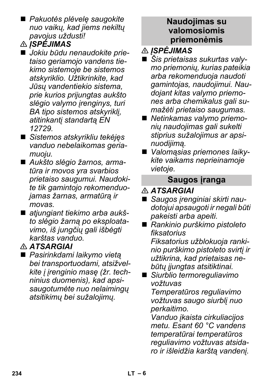 Naudojimas su valomosiomis priemonėmis, Saugos įranga | Karcher G 4-10 M User Manual | Page 234 / 252