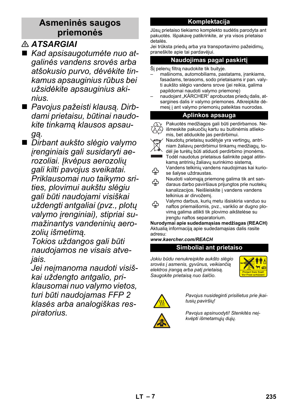 Asmeninės saugos priemonės, Komplektacija, Naudojimas pagal paskirtį | Aplinkos apsauga, Simboliai ant prietaiso | Karcher G 4-10 M User Manual | Page 235 / 252