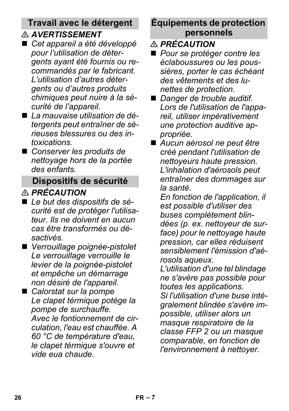 Travail avec le détergent, Dispositifs de sécurité, Équipements de protection personnels | Karcher G 4-10 M User Manual | Page 26 / 252