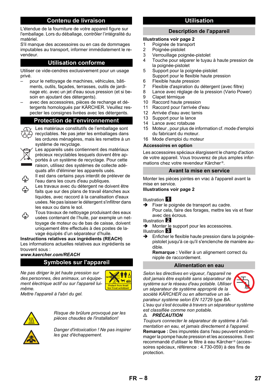 Contenu de livraison, Utilisation conforme, Protection de l’environnement | Symboles sur l'appareil, Utilisation, Description de l’appareil, Accessoires en option, Avant la mise en service, Alimentation en eau, 27 fr | Karcher G 4-10 M User Manual | Page 27 / 252