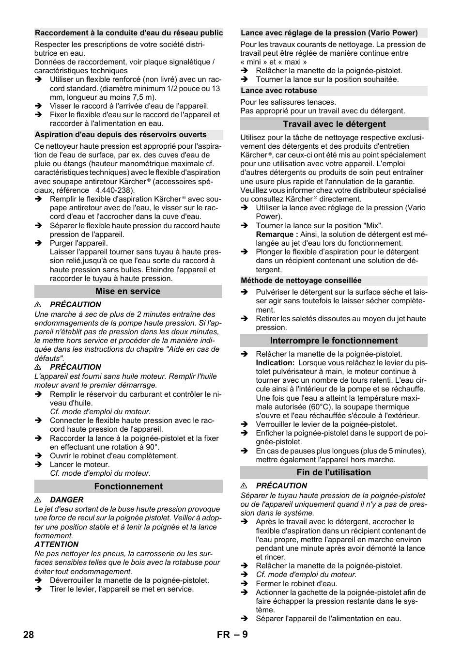 Raccordement à la conduite d'eau du réseau public, Aspiration d'eau depuis des réservoirs ouverts, Mise en service | Fonctionnement, Lance avec réglage de la pression (vario power), Lance avec rotabuse, Travail avec le détergent, Méthode de nettoyage conseillée, Interrompre le fonctionnement, Fin de l'utilisation | Karcher G 4-10 M User Manual | Page 28 / 252