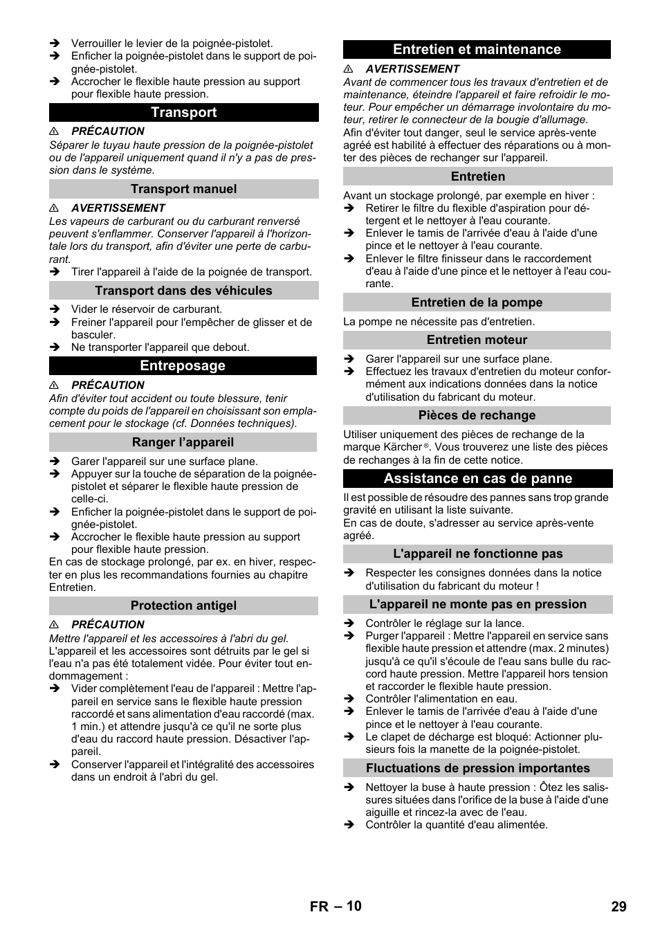 Transport, Transport manuel, Transport dans des véhicules | Entreposage, Ranger l’appareil, Protection antigel, Entretien et maintenance, Entretien, Entretien de la pompe, Entretien moteur | Karcher G 4-10 M User Manual | Page 29 / 252