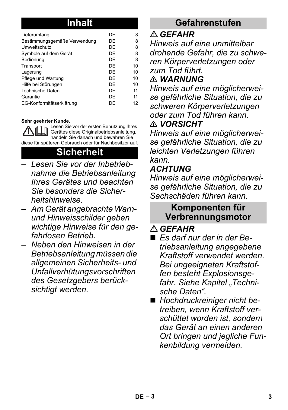 Deutsch, Inhalt, Sicherheit | Gefahrenstufen, Komponenten für verbrennungsmotor, Gefahrenstufen komponenten für verbrennungsmotor | Karcher G 4-10 M User Manual | Page 3 / 252