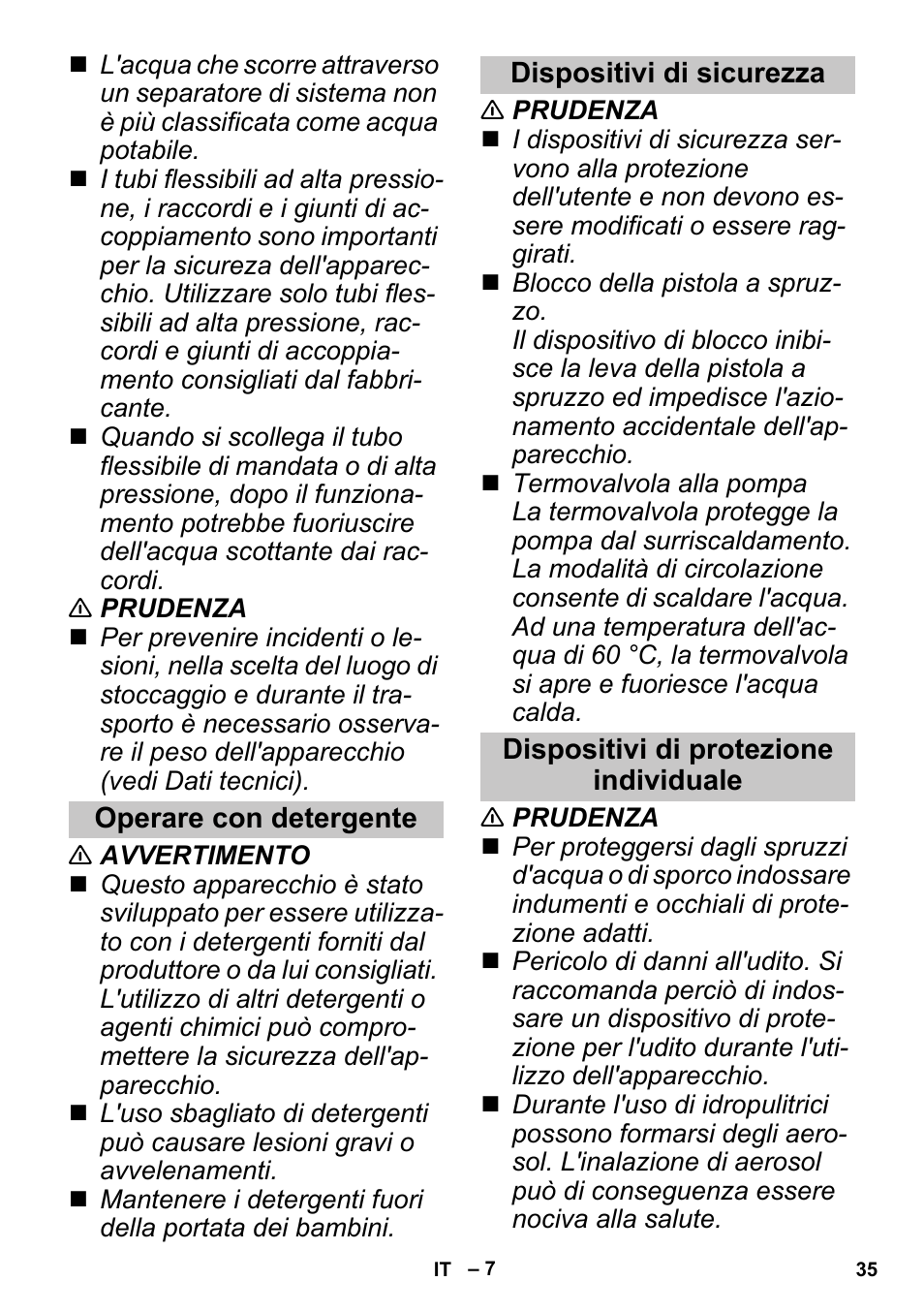 Operare con detergente, Dispositivi di sicurezza, Dispositivi di protezione individuale | Karcher G 4-10 M User Manual | Page 35 / 252