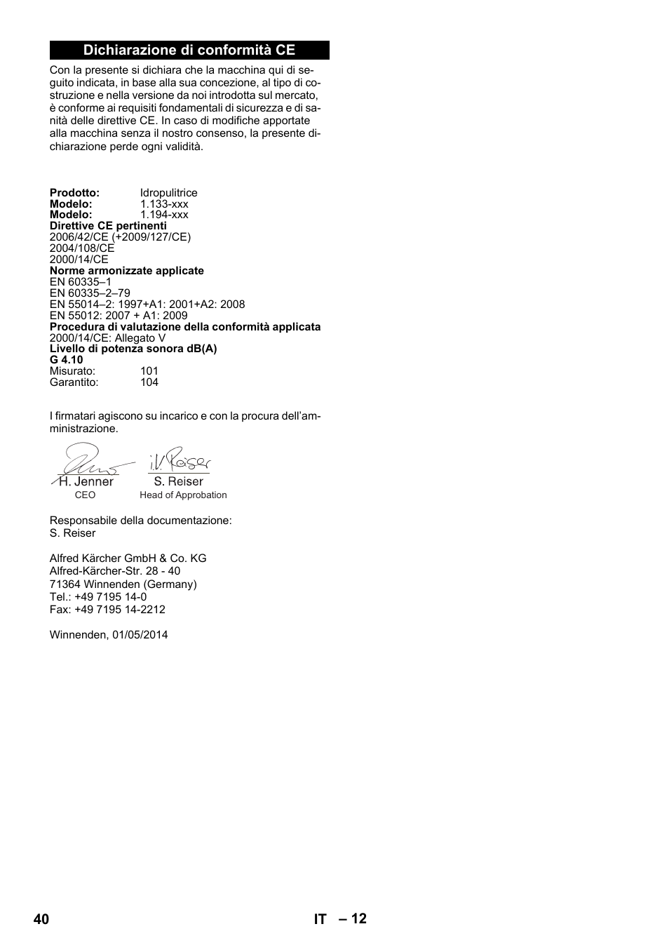 Dichiarazione di conformità ce, 40 it | Karcher G 4-10 M User Manual | Page 40 / 252