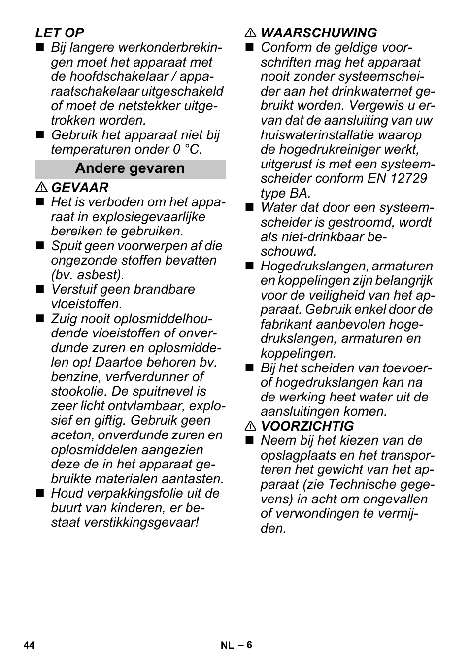 Andere gevaren | Karcher G 4-10 M User Manual | Page 44 / 252