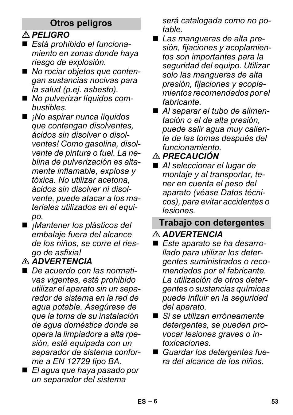 Otros peligros, Trabajo con detergentes | Karcher G 4-10 M User Manual | Page 53 / 252