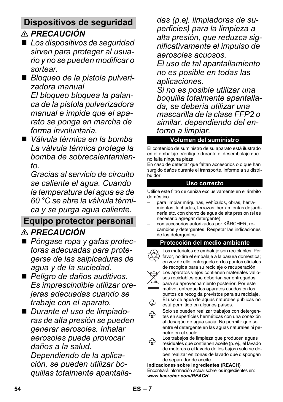 Dispositivos de seguridad, Equipo protector personal, Volumen del suministro | Uso correcto, Protección del medio ambiente | Karcher G 4-10 M User Manual | Page 54 / 252