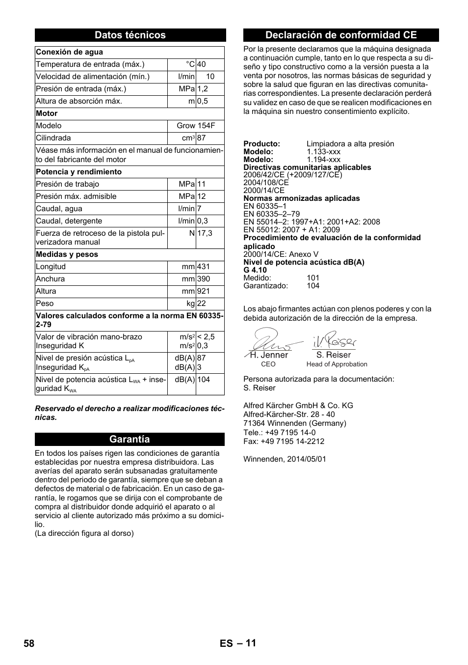 Datos técnicos, Garantía, Declaración de conformidad ce | Garantía declaración de conformidad ce, 58 es | Karcher G 4-10 M User Manual | Page 58 / 252