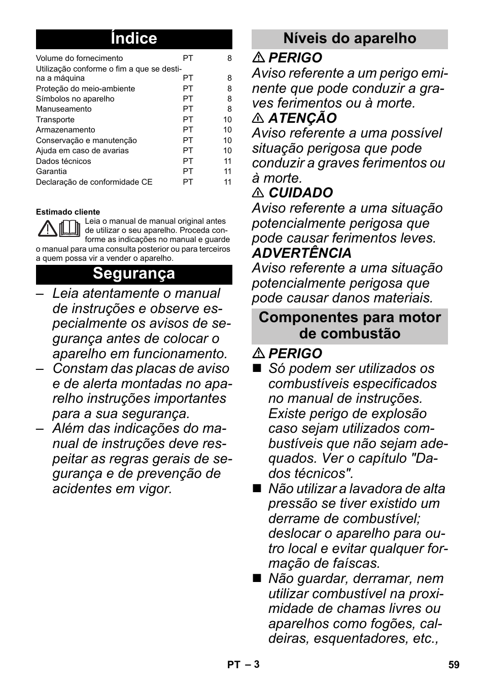 Português, Índice, Segurança | Níveis do aparelho, Componentes para motor de combustão | Karcher G 4-10 M User Manual | Page 59 / 252