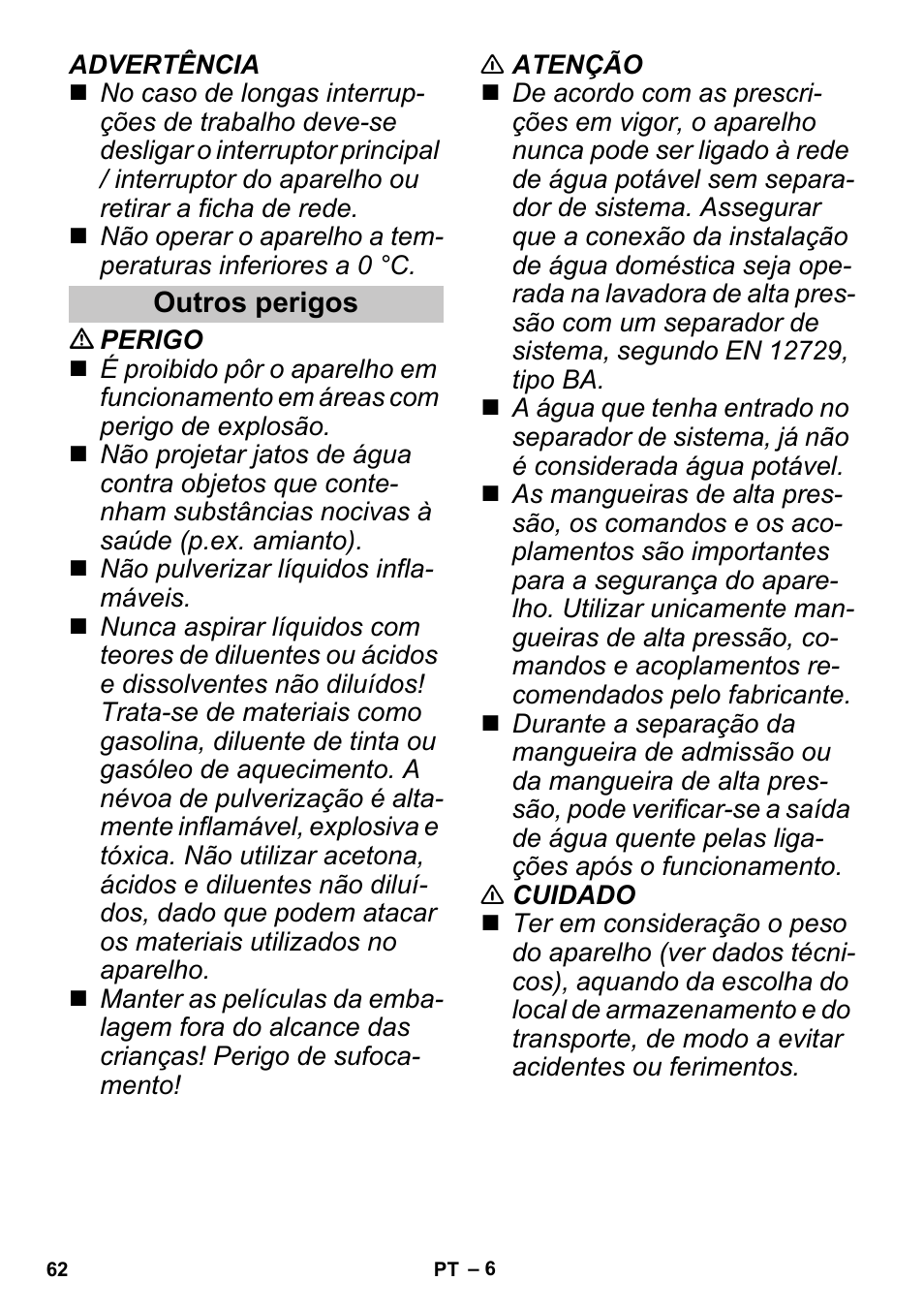 Outros perigos | Karcher G 4-10 M User Manual | Page 62 / 252