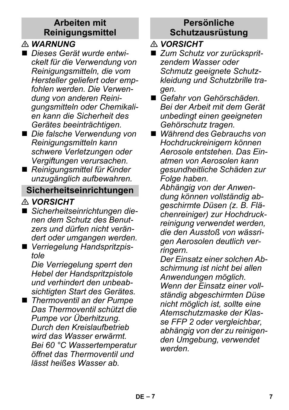 Arbeiten mit reinigungsmittel, Sicherheitseinrichtungen, Persönliche schutzausrüstung | Karcher G 4-10 M User Manual | Page 7 / 252