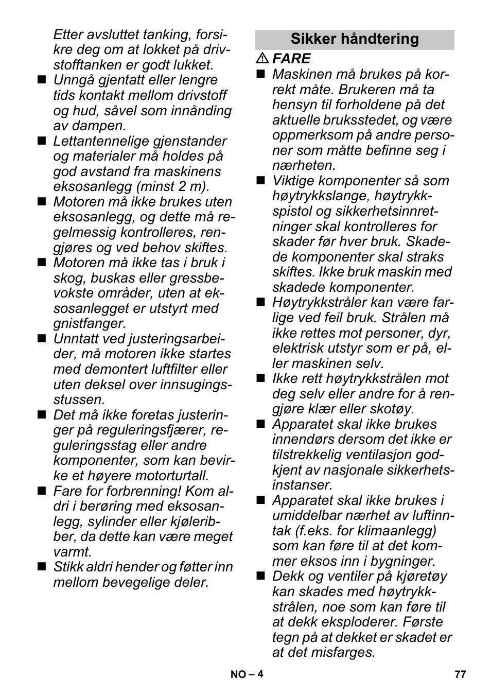 Sikker håndtering | Karcher G 4-10 M User Manual | Page 77 / 252