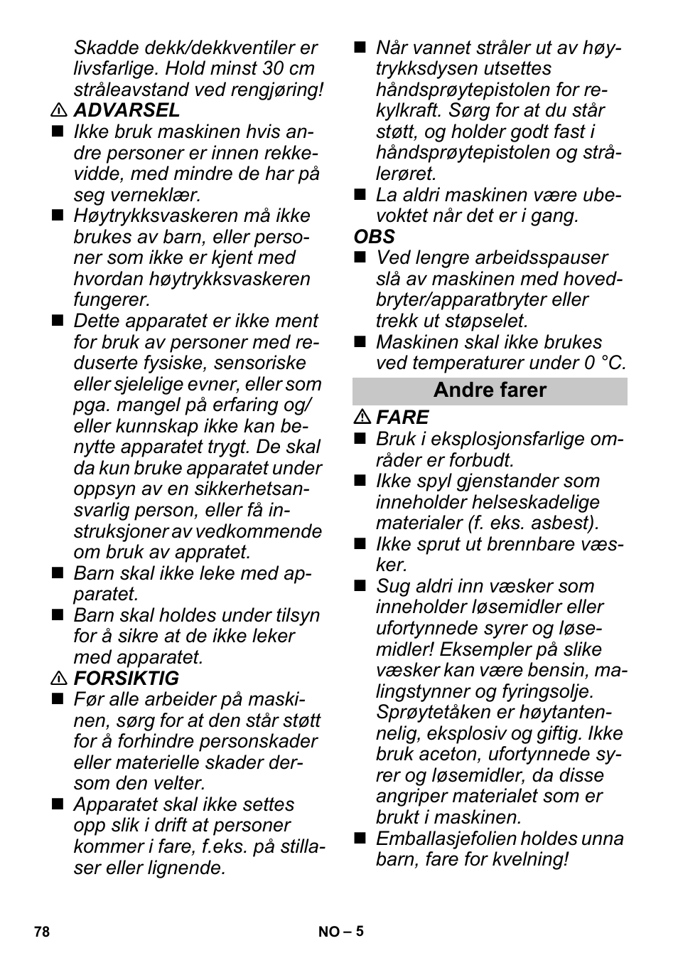 Andre farer | Karcher G 4-10 M User Manual | Page 78 / 252