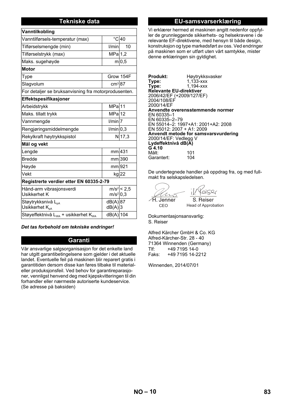 Tekniske data, Garanti, Eu-samsvarserklæring | Garanti eu-samsvarserklæring, 83 no | Karcher G 4-10 M User Manual | Page 83 / 252