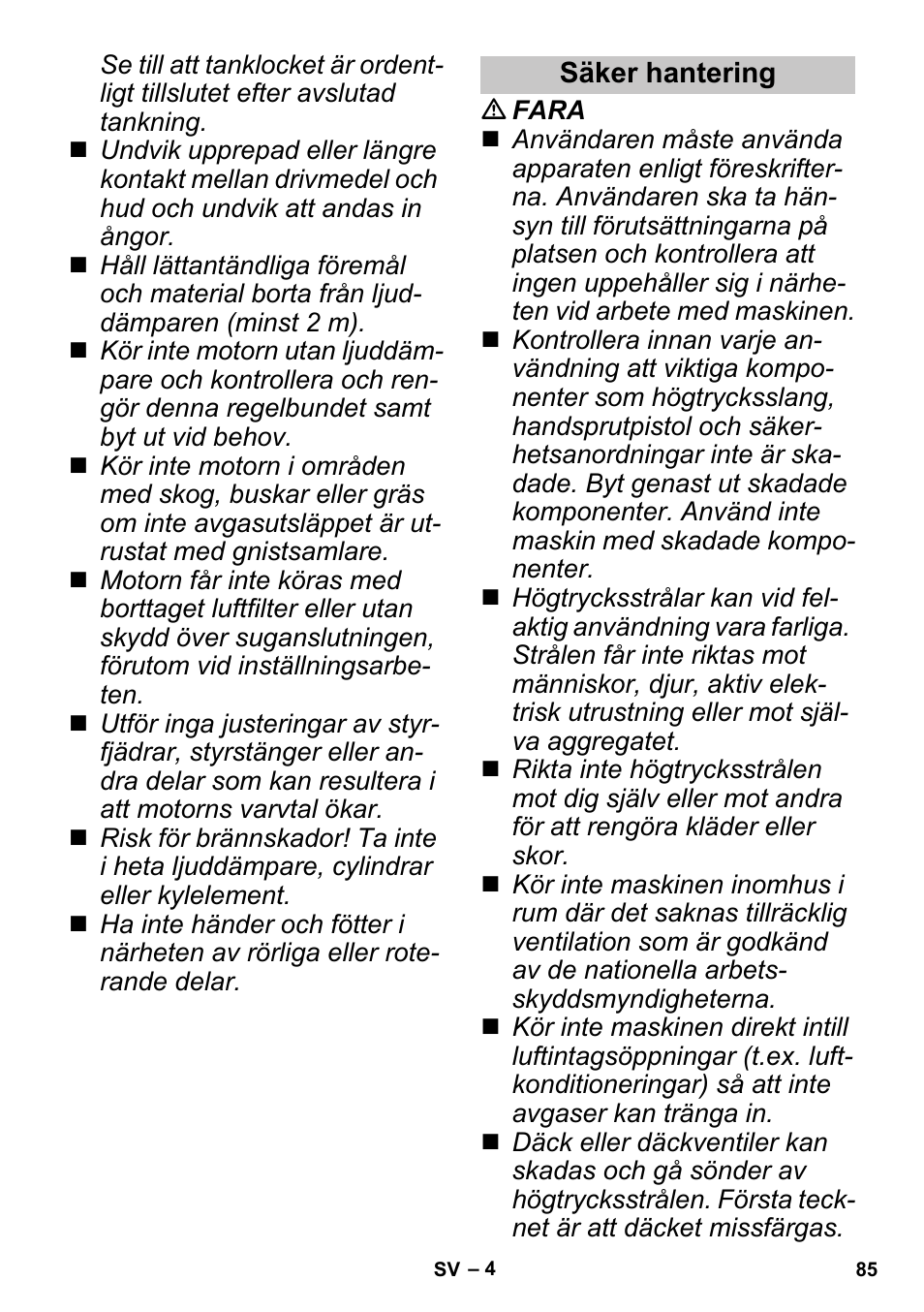 Säker hantering | Karcher G 4-10 M User Manual | Page 85 / 252