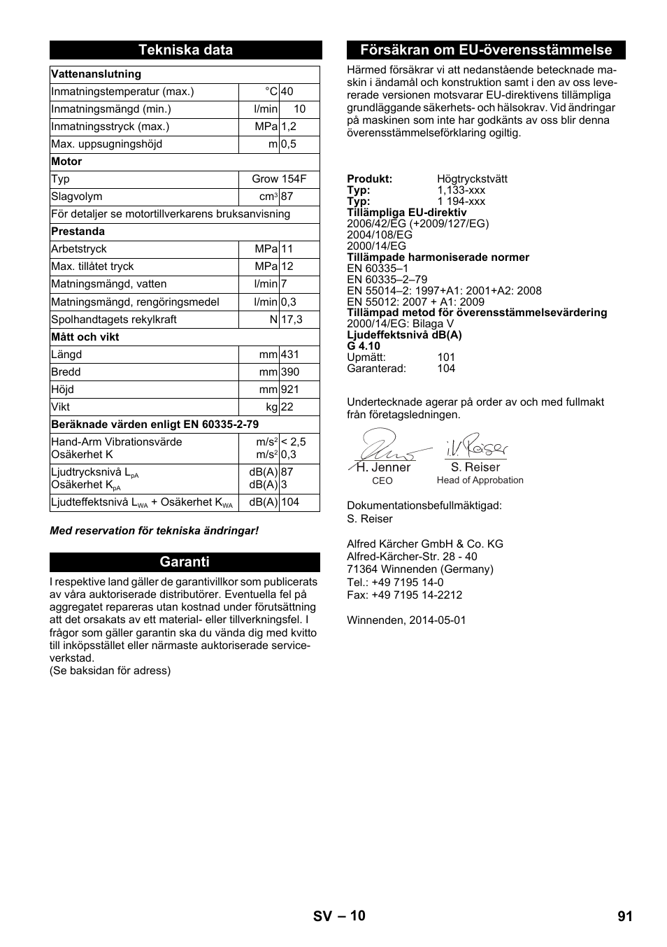 Tekniska data, Garanti, Försäkran om eu-överensstämmelse | Garanti försäkran om eu-överensstämmelse, 91 sv | Karcher G 4-10 M User Manual | Page 91 / 252