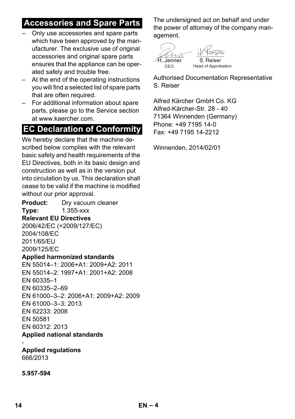 Accessories and spare parts, Ec declaration of conformity | Karcher T 15-1 eco!efficiency User Manual | Page 14 / 176