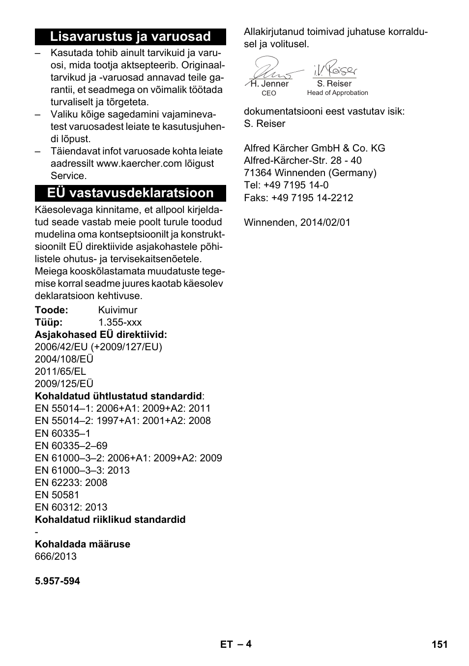 Lisavarustus ja varuosad, Eü vastavusdeklaratsioon, Lisavarustus ja varuosad eü vastavusdeklaratsioon | Karcher T 15-1 eco!efficiency User Manual | Page 151 / 176