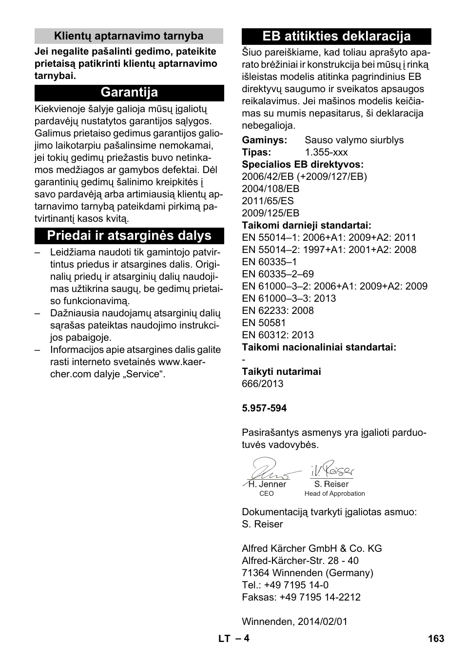 Klientų aptarnavimo tarnyba, Garantija, Priedai ir atsarginės dalys | Eb atitikties deklaracija | Karcher T 15-1 eco!efficiency User Manual | Page 163 / 176