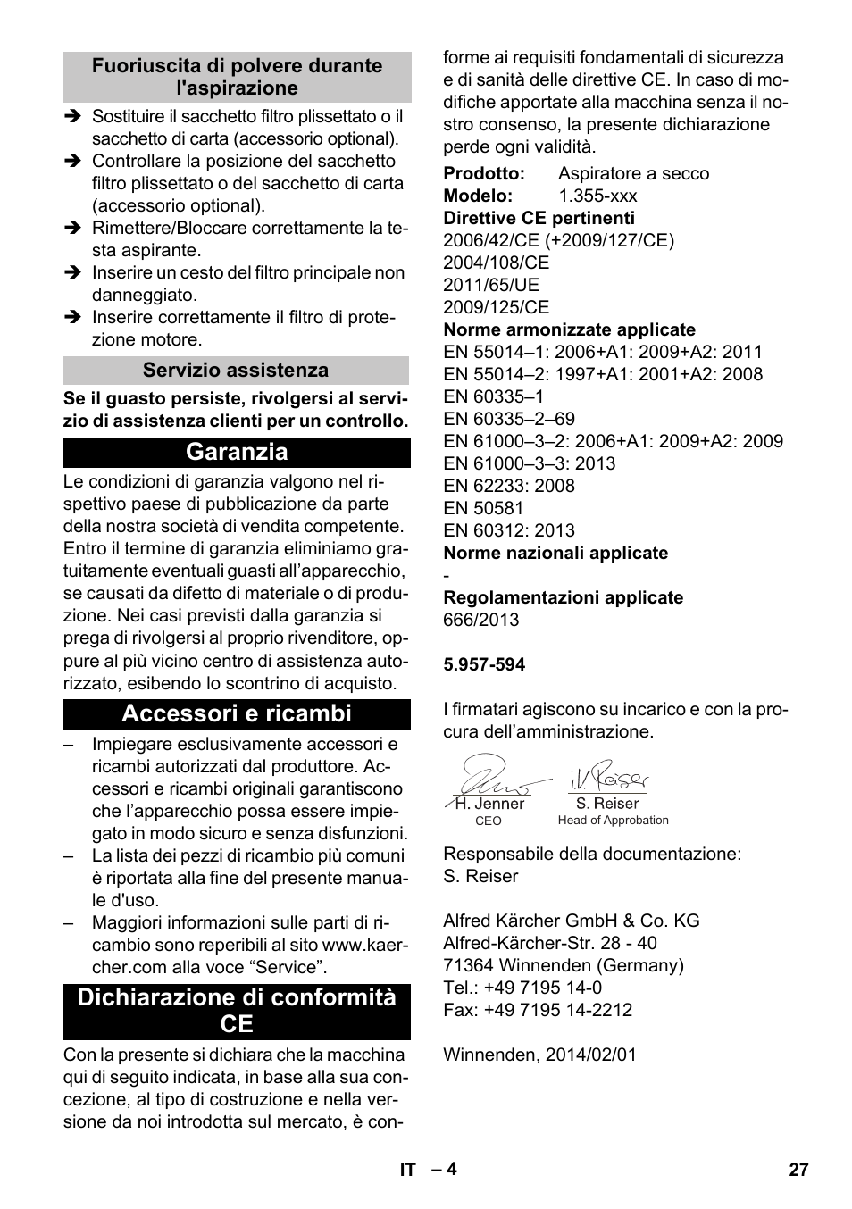 Fuoriuscita di polvere durante l'aspirazione, Servizio assistenza, Garanzia | Accessori e ricambi, Dichiarazione di conformità ce | Karcher T 15-1 eco!efficiency User Manual | Page 27 / 176