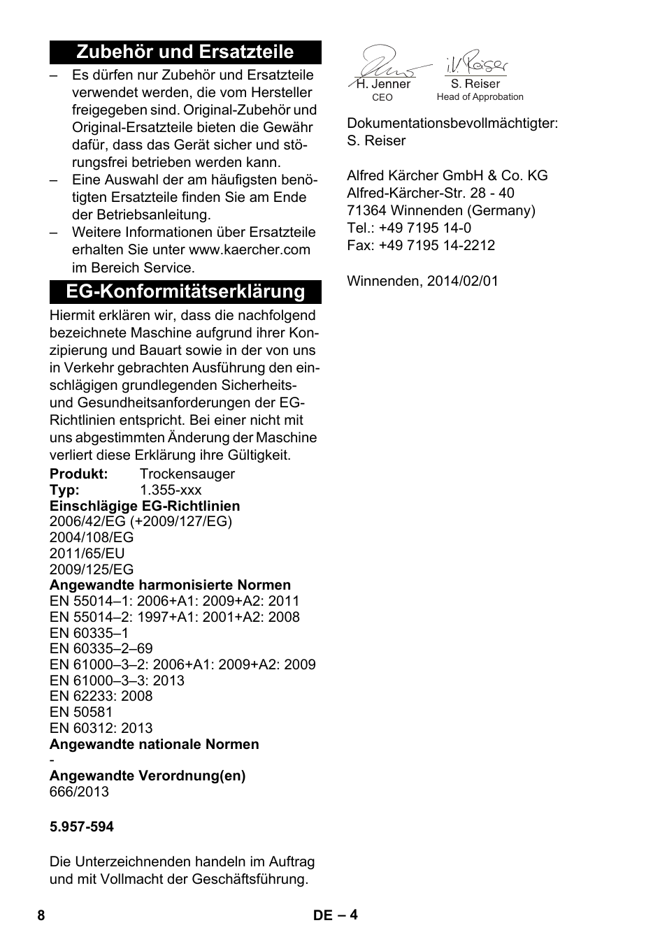 Zubehör und ersatzteile, Eg-konformitätserklärung, Zubehör und ersatzteile eg-konformitätserklärung | Karcher T 15-1 eco!efficiency User Manual | Page 8 / 176
