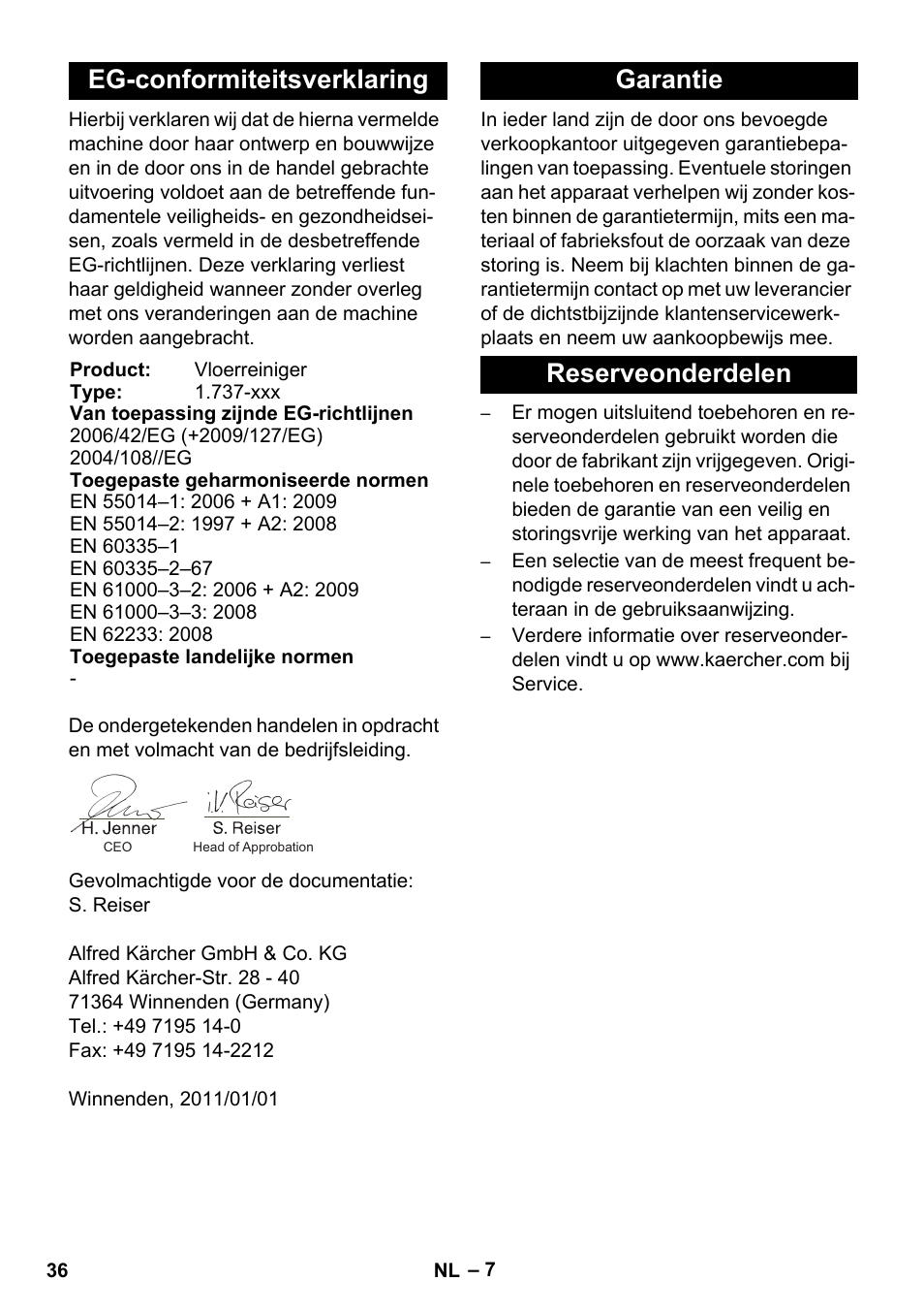 Eg-conformiteitsverklaring, Garantie reserveonderdelen | Karcher BD 17-5 C User Manual | Page 36 / 160