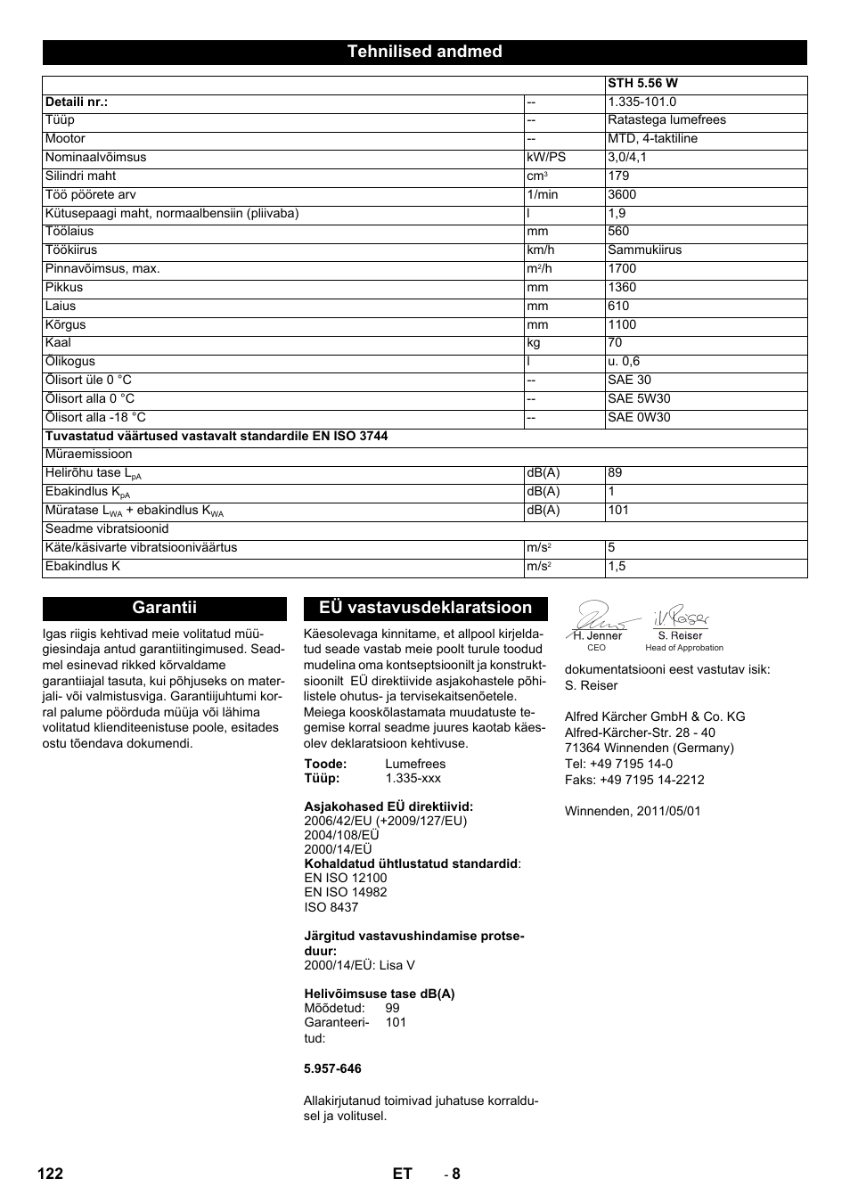 Tehnilised andmed, Garantii eü vastavusdeklaratsioon | Karcher STH 5-56 User Manual | Page 122 / 128