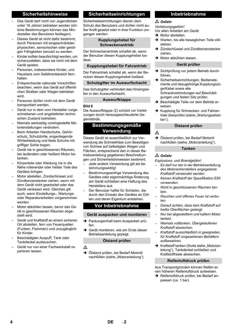 Sicherheitshinweise sicherheitseinrichtungen, Bestimmungsgemäße verwendung vor inbetriebnahme, Inbetriebnahme | Karcher STH 5-56 User Manual | Page 4 / 128
