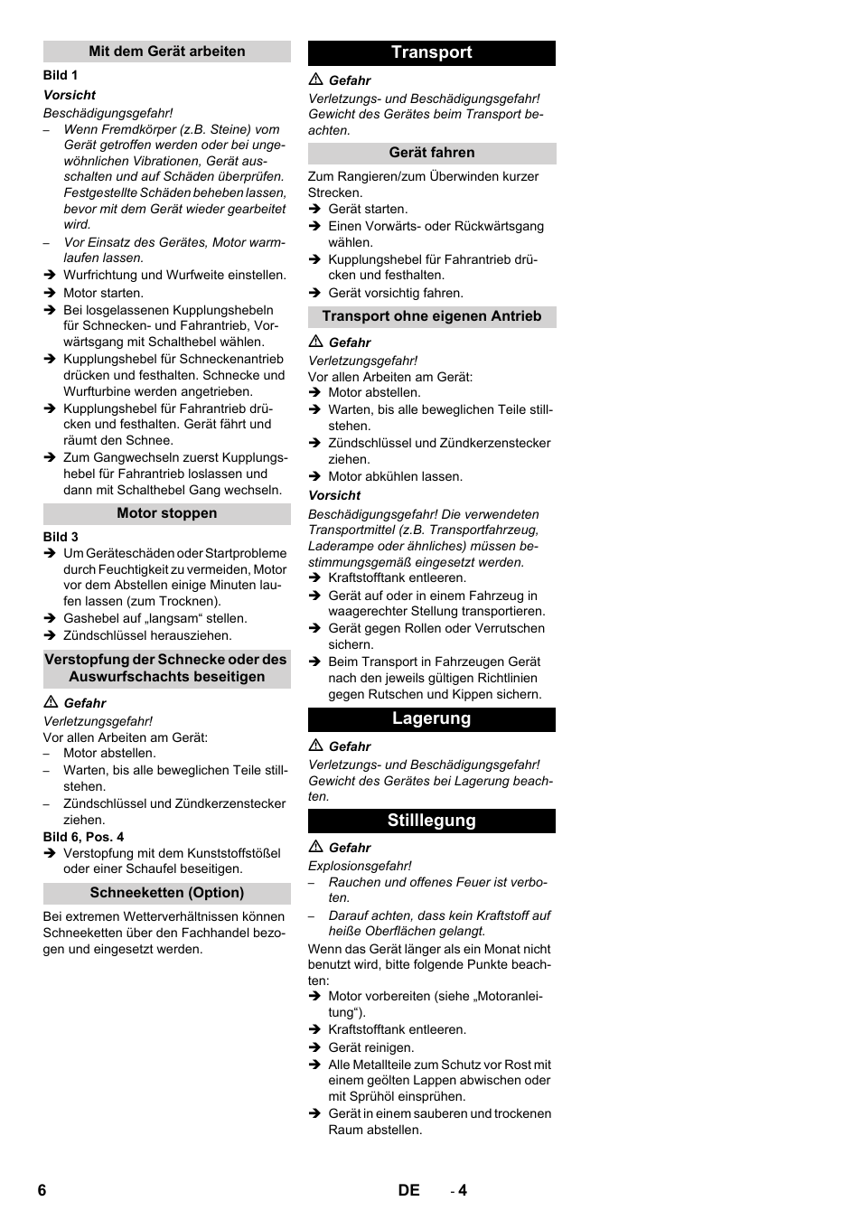 Transport, Lagerung stilllegung | Karcher STH 5-56 User Manual | Page 6 / 128