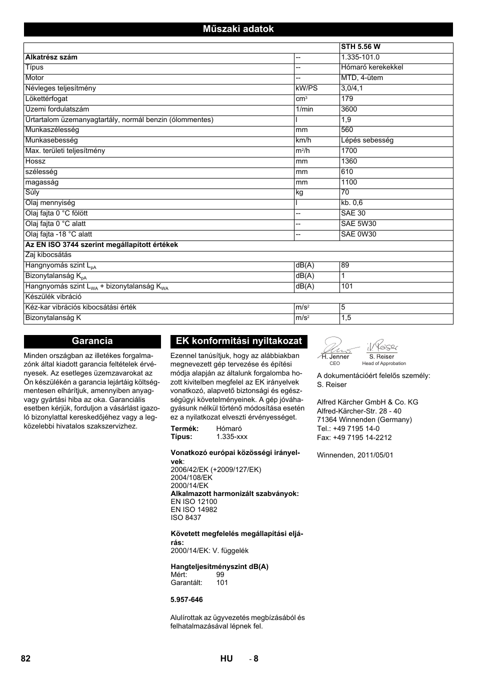 Műszaki adatok, Garancia ek konformitási nyiltakozat | Karcher STH 5-56 User Manual | Page 82 / 128