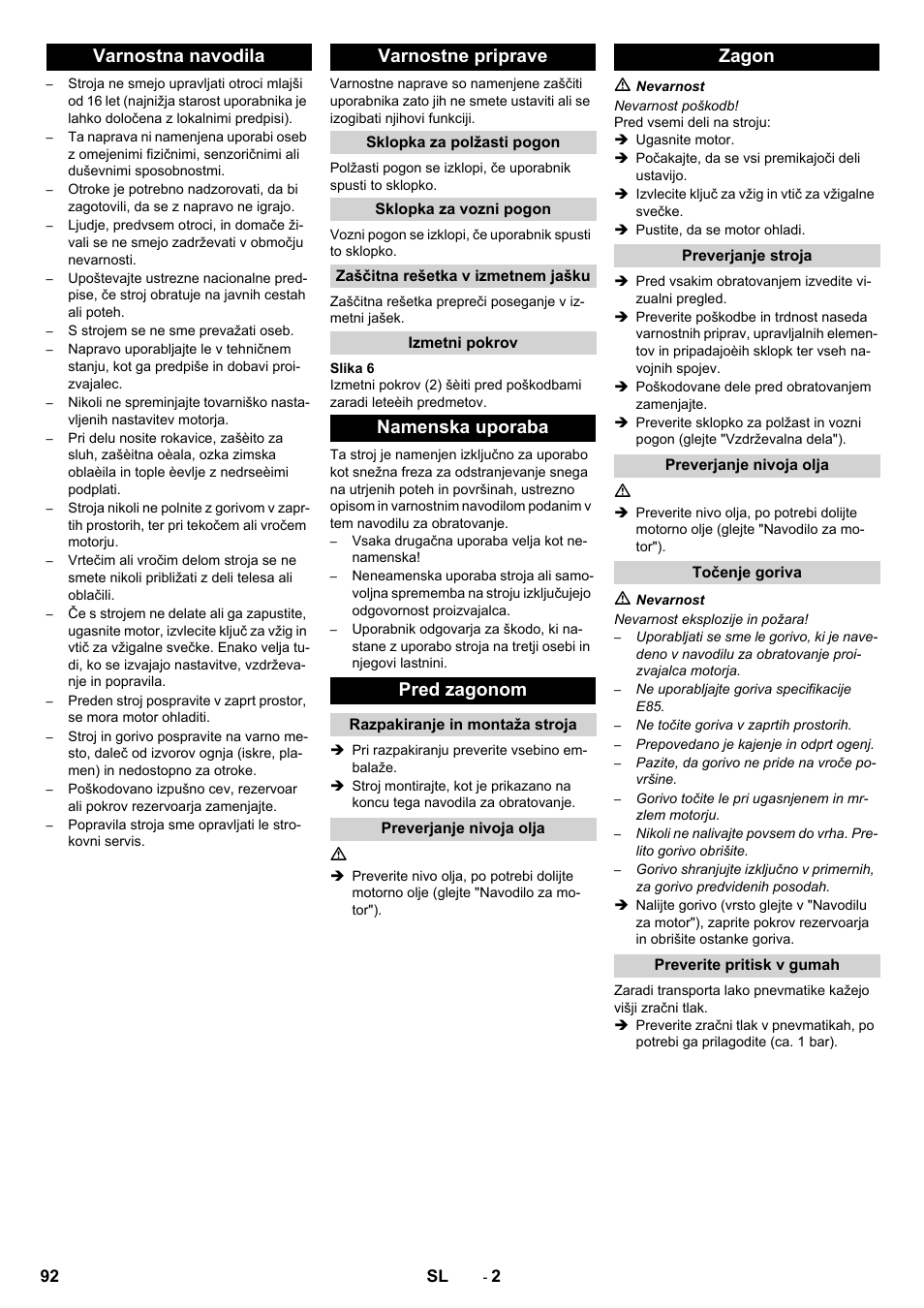 Varnostna navodila varnostne priprave, Namenska uporaba pred zagonom, Zagon | Karcher STH 5-56 User Manual | Page 92 / 128