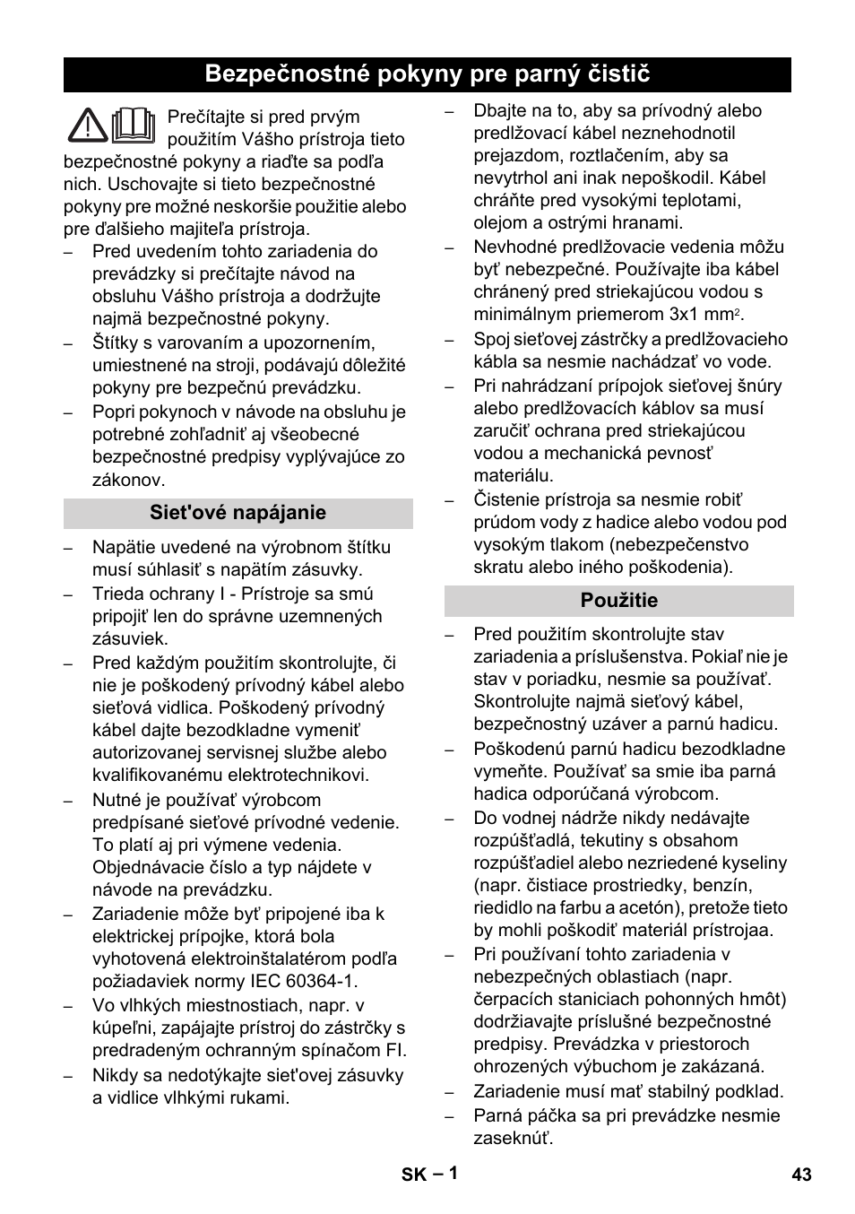 Slovenčina, Bezpečnostné pokyny pre parný čistič | Karcher DE 4002 EU User Manual | Page 43 / 60