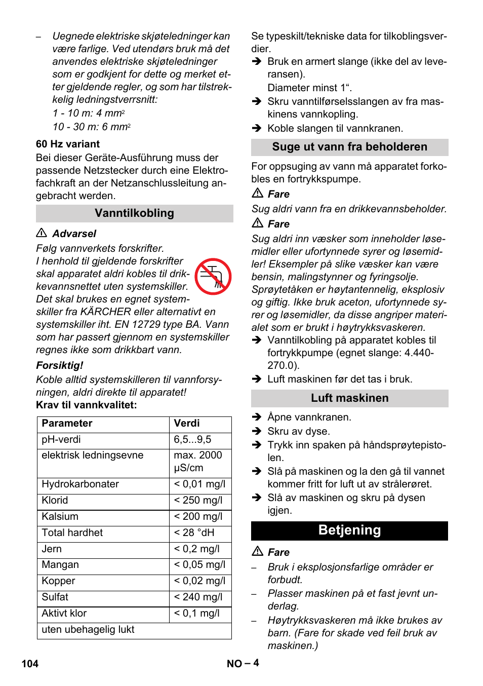Betjening | Karcher HD 9-50-4 User Manual | Page 104 / 340