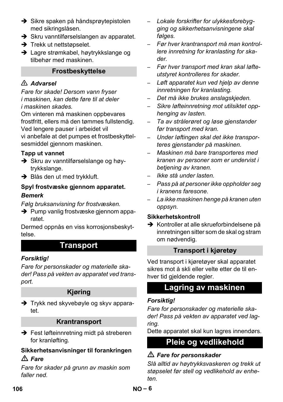 Transport, Lagring av maskinen pleie og vedlikehold | Karcher HD 9-50-4 User Manual | Page 106 / 340