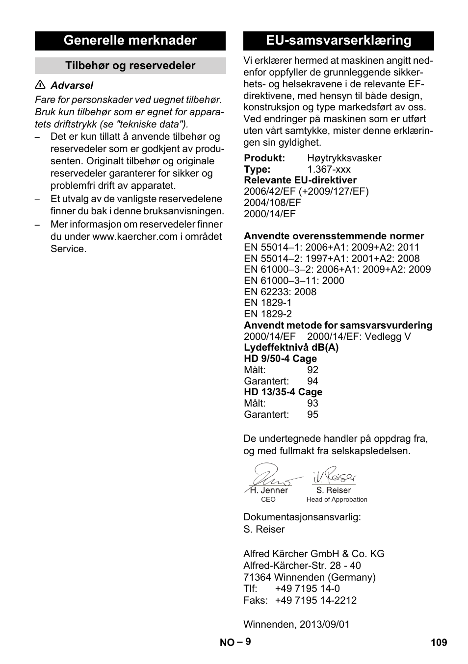Generelle merknader, Eu-samsvarserklæring | Karcher HD 9-50-4 User Manual | Page 109 / 340