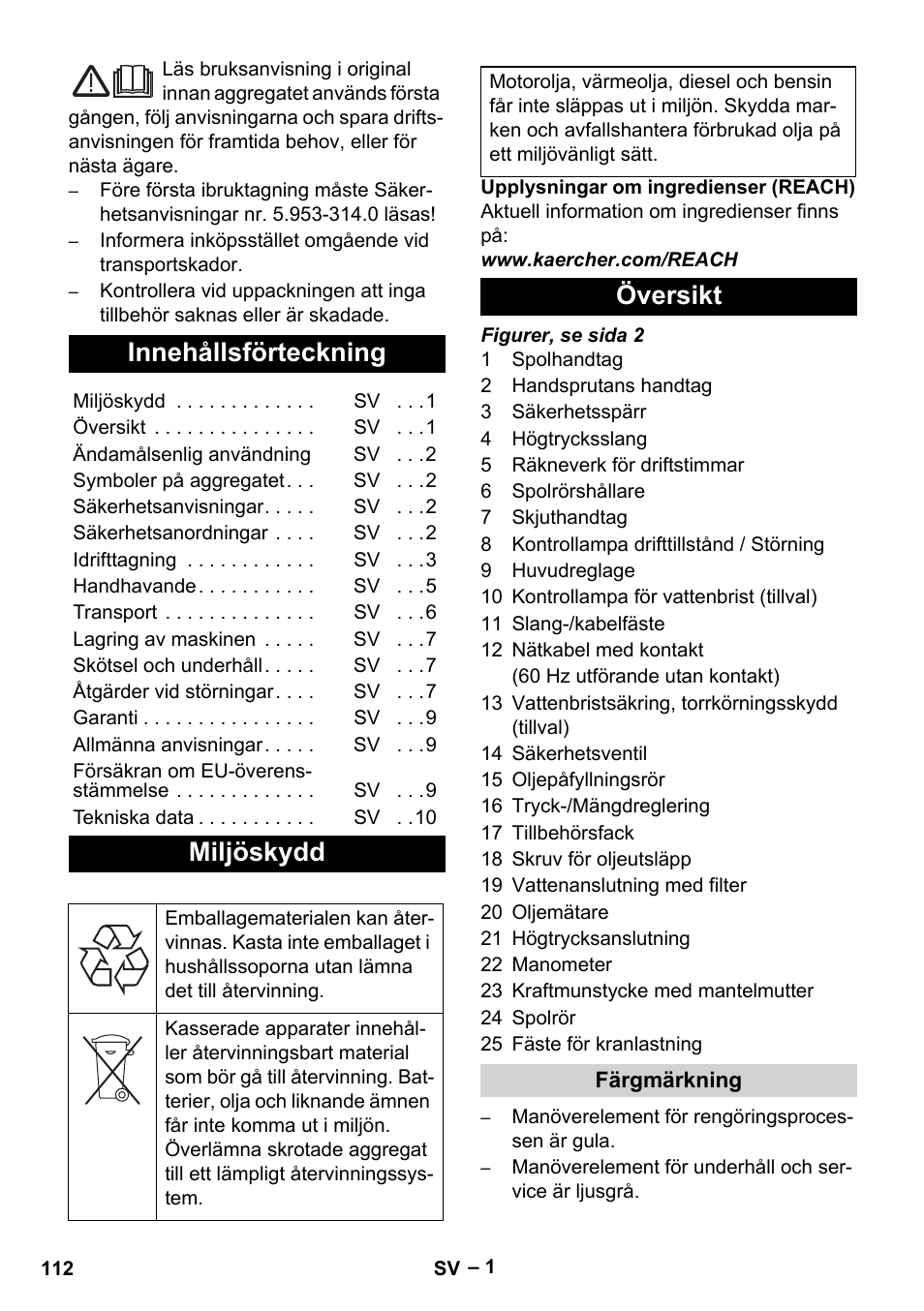 Svenska, Innehållsförteckning, Miljöskydd | Översikt | Karcher HD 9-50-4 User Manual | Page 112 / 340