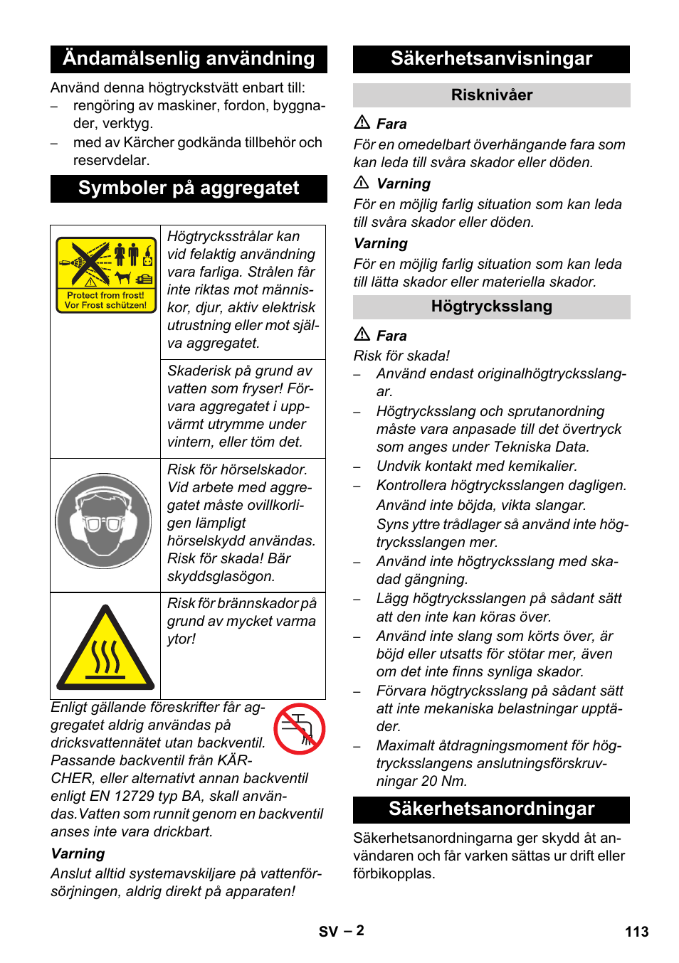 Ändamålsenlig användning symboler på aggregatet, Säkerhetsanvisningar, Säkerhetsanordningar | Karcher HD 9-50-4 User Manual | Page 113 / 340