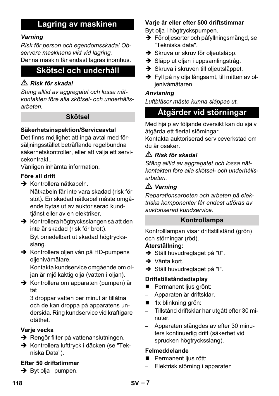 Lagring av maskinen skötsel och underhåll, Åtgärder vid störningar | Karcher HD 9-50-4 User Manual | Page 118 / 340