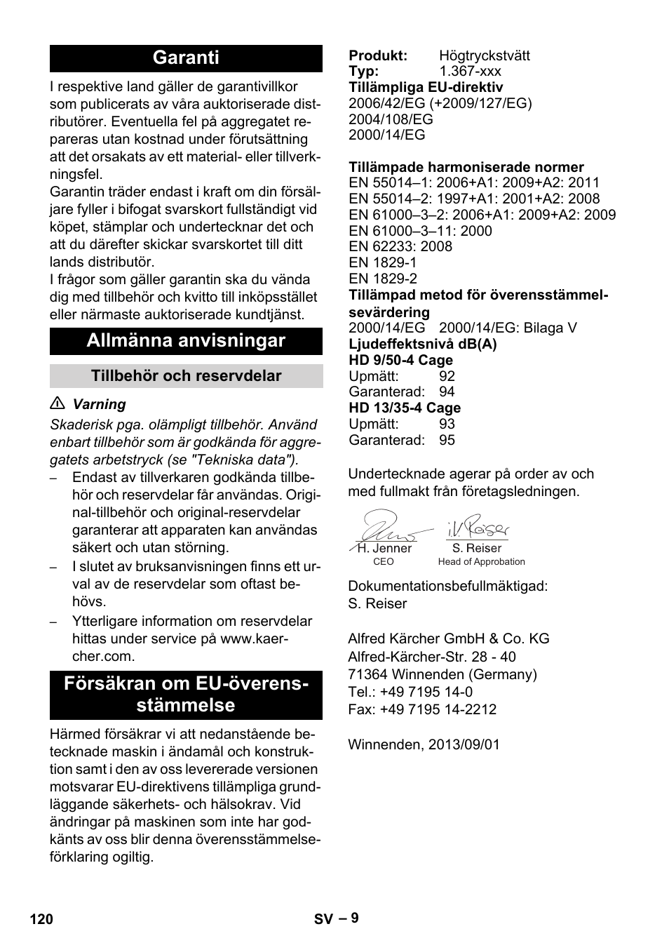 Garanti allmänna anvisningar, Försäkran om eu-överens- stämmelse | Karcher HD 9-50-4 User Manual | Page 120 / 340