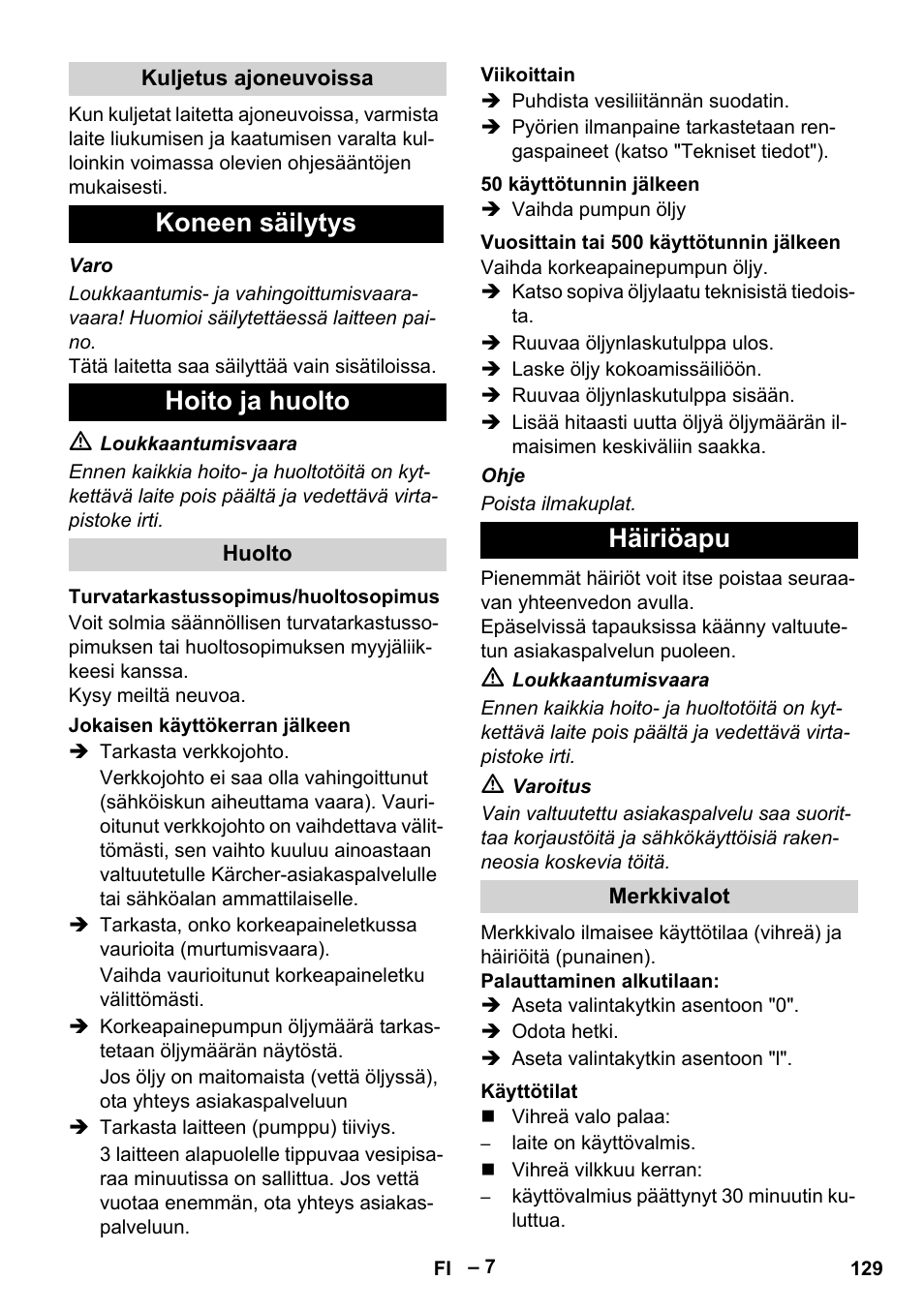 Koneen säilytys hoito ja huolto, Häiriöapu | Karcher HD 9-50-4 User Manual | Page 129 / 340