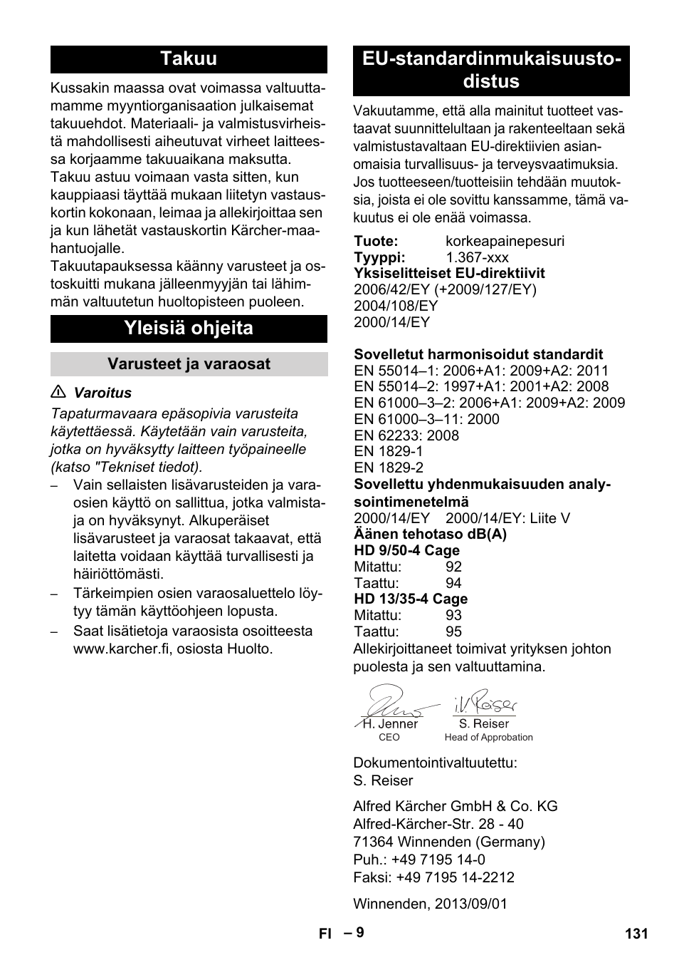 Takuu yleisiä ohjeita, Eu-standardinmukaisuusto- distus | Karcher HD 9-50-4 User Manual | Page 131 / 340