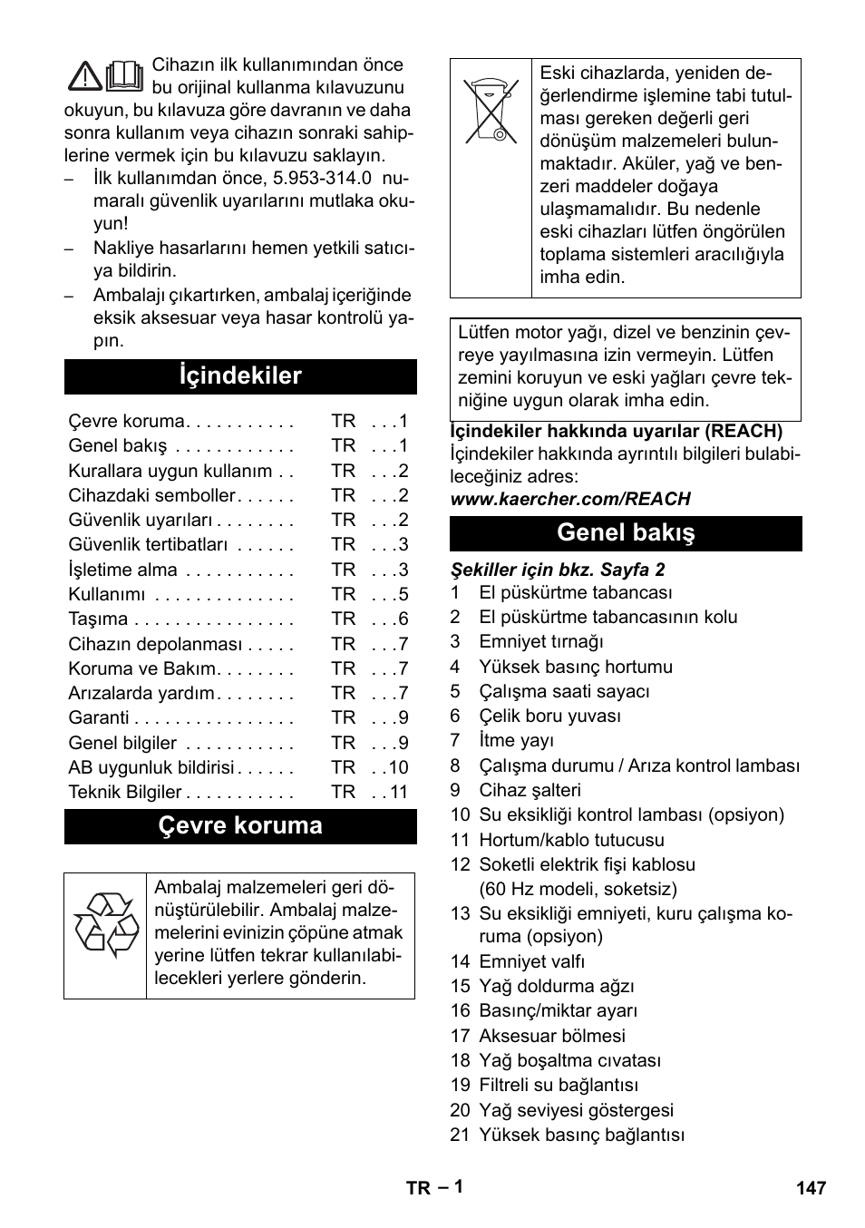 Türkçe, Içindekiler, Çevre koruma | Genel bakış | Karcher HD 9-50-4 User Manual | Page 147 / 340
