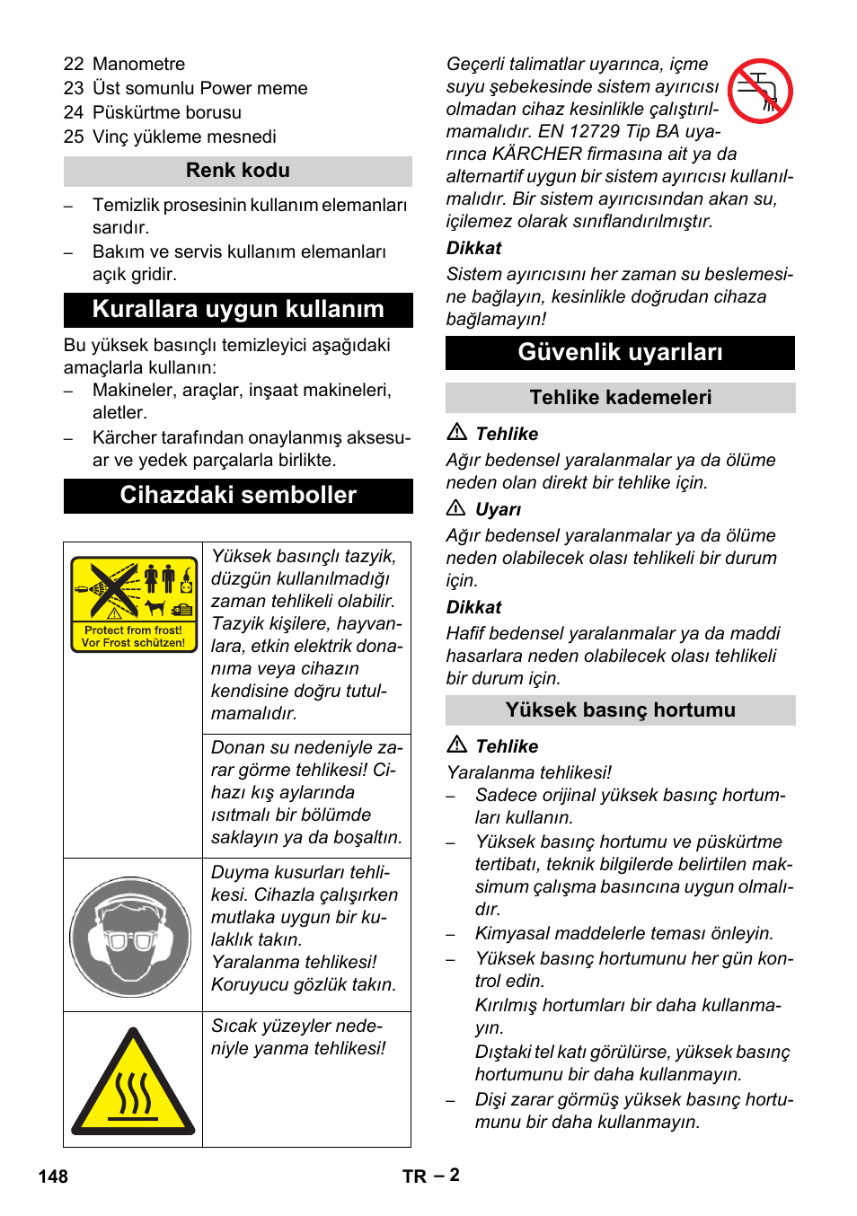 Kurallara uygun kullanım cihazdaki semboller, Güvenlik uyarıları | Karcher HD 9-50-4 User Manual | Page 148 / 340
