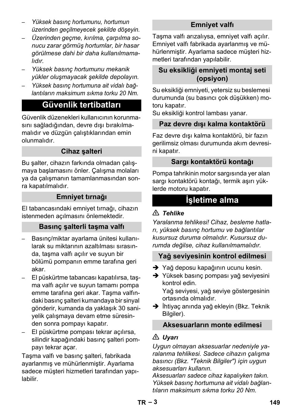 Güvenlik tertibatları, Işletime alma | Karcher HD 9-50-4 User Manual | Page 149 / 340