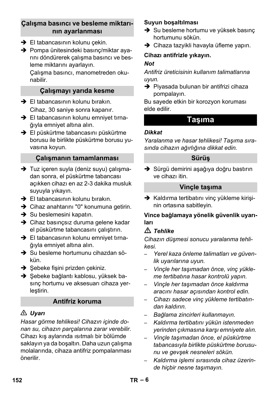 Taşıma | Karcher HD 9-50-4 User Manual | Page 152 / 340