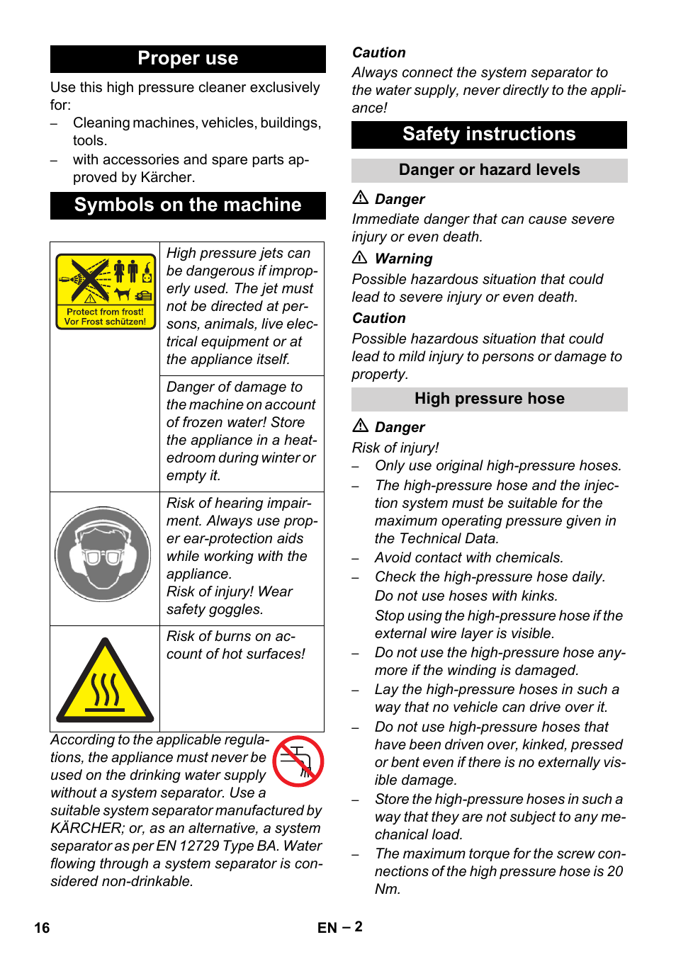 Proper use symbols on the machine, Safety instructions | Karcher HD 9-50-4 User Manual | Page 16 / 340