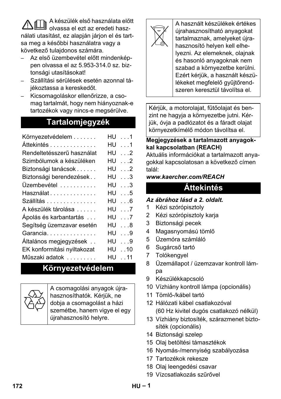 Magyar, Tartalomjegyzék, Környezetvédelem | Áttekintés | Karcher HD 9-50-4 User Manual | Page 172 / 340