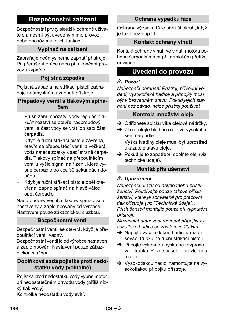 Bezpečnostní zařízení, Uvedení do provozu | Karcher HD 9-50-4 User Manual | Page 186 / 340
