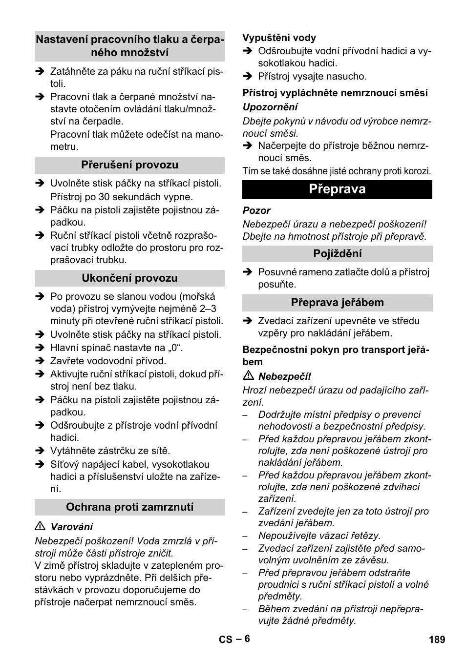 Přeprava | Karcher HD 9-50-4 User Manual | Page 189 / 340